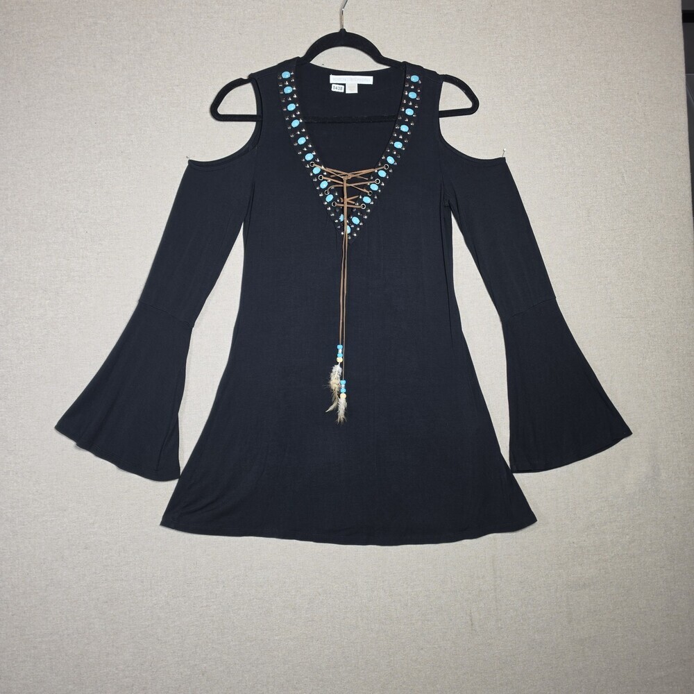 Boston Proper Cold Shoulder Bell sleeve Tunic Sapphire Beads Ties Boho Womens XS